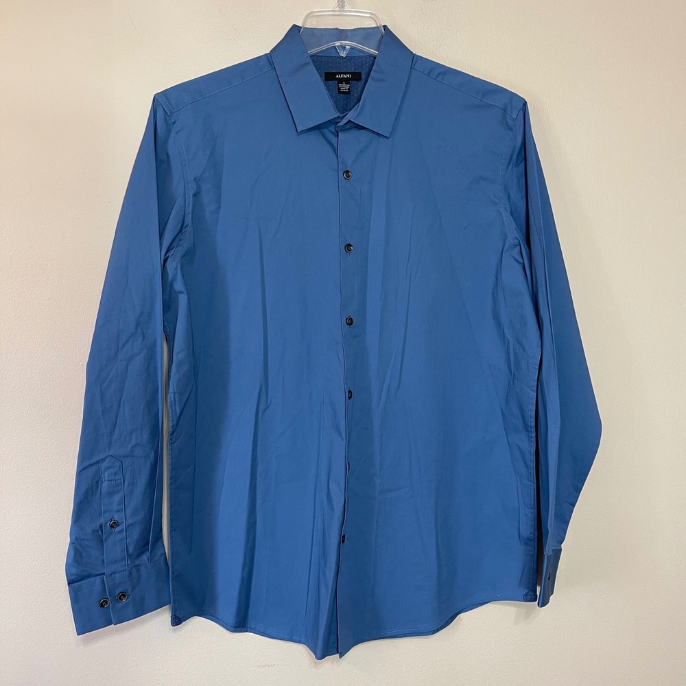 Alfani Mens Blue Long‎ Sleeve Button Down Shirt Cotton Stretch Size Large